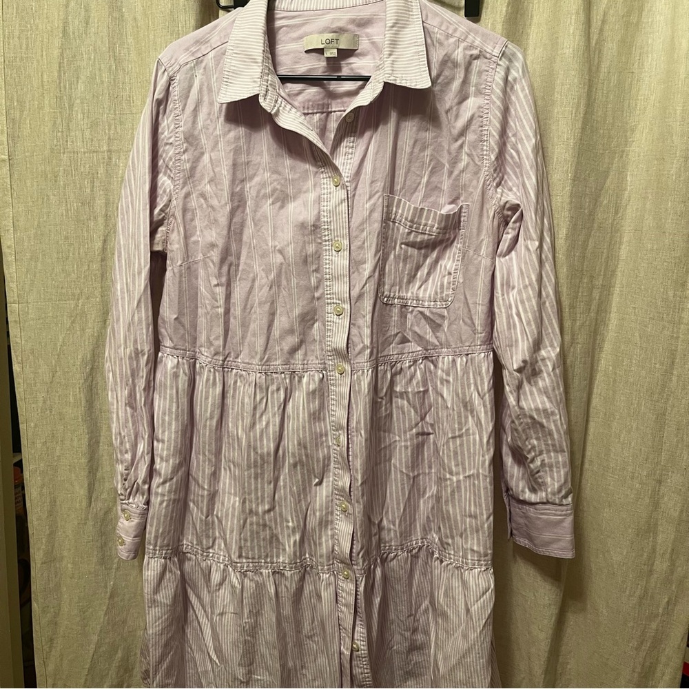 LOFT Tiered Striped Long Sleeve Shirt Dress Pink
